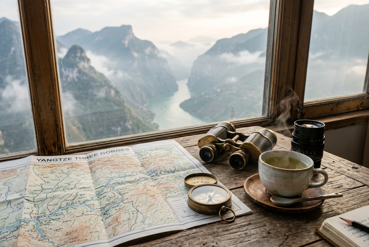 行前规划桌面地图、双筒望远镜、罗盘与峡江晨景
